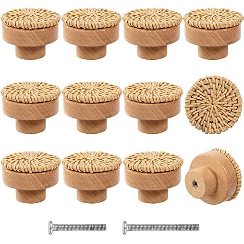 ANPHSIN 12 Pack Boho Wood Dresser Drawer Knobs- Handmade Rattan Woven Cabinet Knobs Pulls Handles with 24 Screws for Home Nursery Furniture Cover