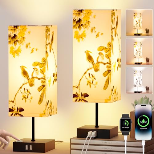 Yeeklab 2 Piezas Lamparas de Mesita de Noche Con 2 Puertos De Carga USB, Regulable Lampara de Noche Con 3 Temperaturas, Cubierta de Lámpara Bird, Lampara de Mesa para Dormitorio, Sala, Oficina