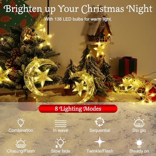 Lewondr 138 LED Star Moon String Curtain Lights,Hanging Fairy Lights with 6H Timer & 8 Modes,USB & Remote Control Ramadan String Lights for Christmas Bedroom Wedding Party Xmas Indoor Decor,Warm Light