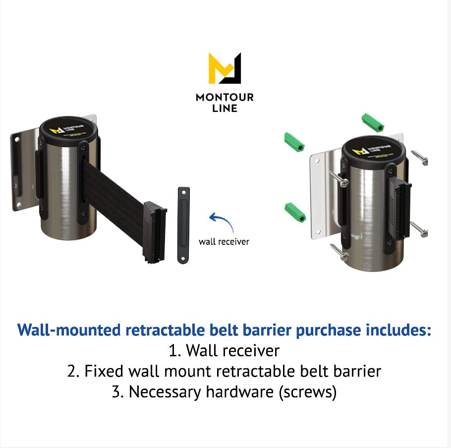 Montour Line WM115 Wall Mounted Retractable Belt Barrier with Standard Belt End, Fixed Mount, Polished Stainless Steel Casing (8.5 ft Yellow with