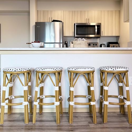Image of PURPLE LEAF Patio Round Counter Height Stool Set of 2 Outdoor Backless Barstools Aluminum Frame in Bamboo Finish with White & Blue Woven Rattan for Indoor Kitchen Dining Bistros Cafe Restaurant
