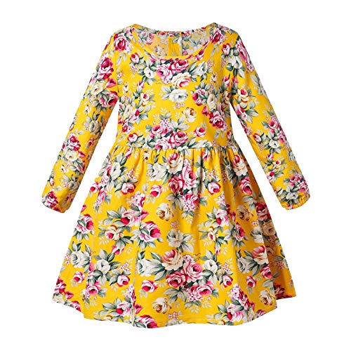 Girls Spring Fall Floral Princess Dress Long Sleeve Round Neck Dresses for Toddler Kids Holiday Hiking Dress