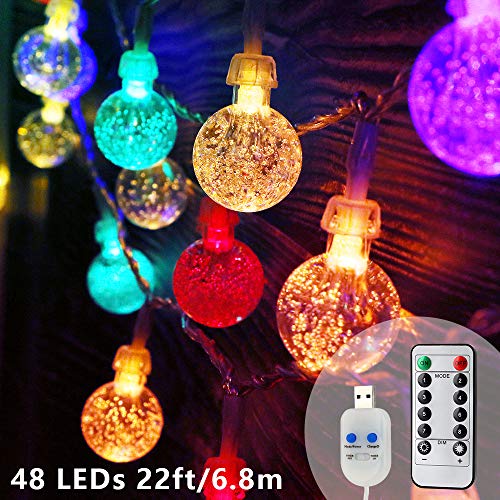 Koopower 48 LED-Garten-Lichterkette, 6,8 m Kugel-Lichterkette, USB-Stecker in 8 Modi, Outdoor-Lichter mit Fernauslöser, Kristallkugeln für Hochzeit, Weihnachten, Party, Hof (warmweiß und mehrfarbig)