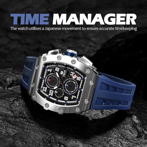 Image of TSAR BOMBA Mens Luxury Watch Watches for Men 50M Waterproof Japanese Quartz Movement Tonneau Stainless Steel Case Sapphire Glass with Chronograph Date Function Cool Unique Fashion Gift