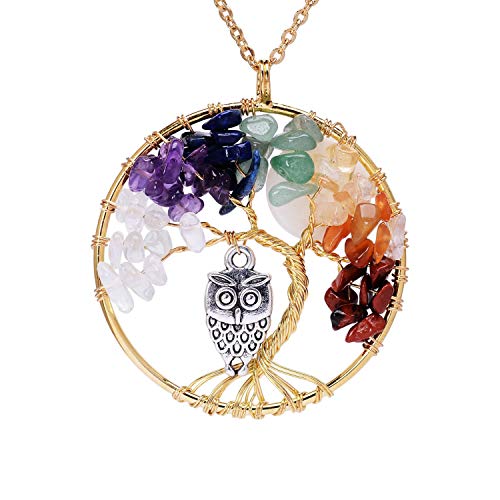 Gold Plated Family Tree of Life Birthstone Chakra Necklace for Women Root 7 Chakra Gemstones Tree of...