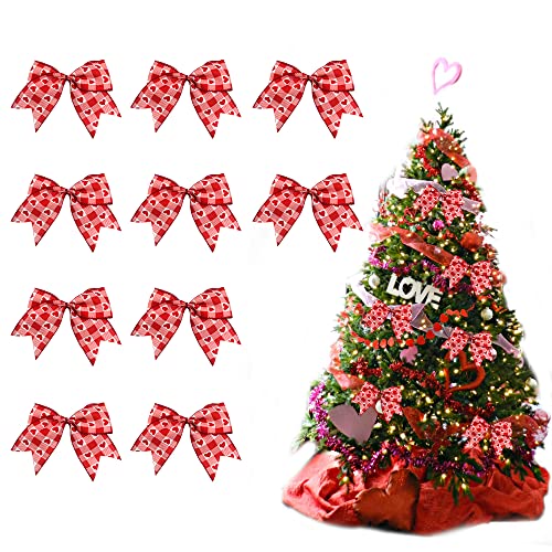 ABTOLS 10pcs Valentine's Day Bows for Wreath, Red Plaid Wreath Bows Valentine Heart Bows for Front Door, Wedding Romance Burlap Ornament Tree Topper Bows for Anniversary Indoor Outdoor Decor