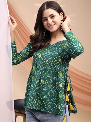 Image of MAHIRA'S Women's Short Kurti, Black Rayon Tunic Top with Embroidered Sleeves, 3 /4 Designer Sleeves