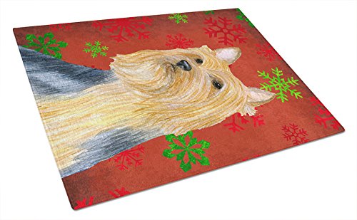 Caroline's Treasures LH9316LCB Silky Terrier Red Green Snowflake Holiday Christmas Glass Cutting Board Large Decorative Tempered Glass Kitchen Cutting and Serving Board Large Size Chopping Board