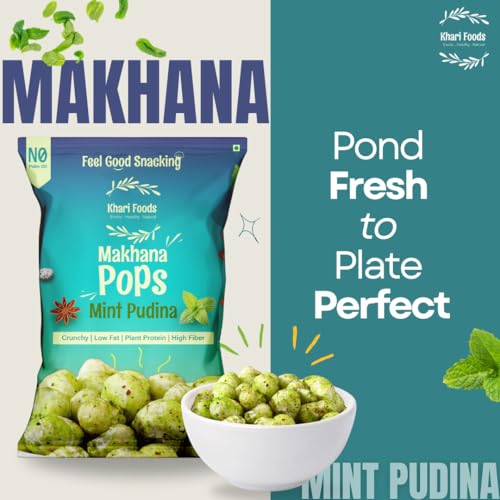 Image of Khari Foods Premium Flavoured Makhana 25g, Crunchy & Roasted Makhana Pops, Protein Source, Fibre Rich, No Palm Oil, Gluten Free (Mint Pudina Pack 4)