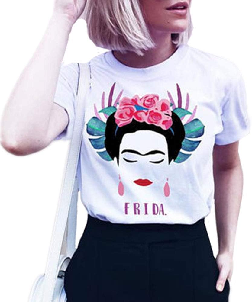 Womens Frida Shirt Summer Casual Short Sleeve Graphic Tees Tops T Shirt White