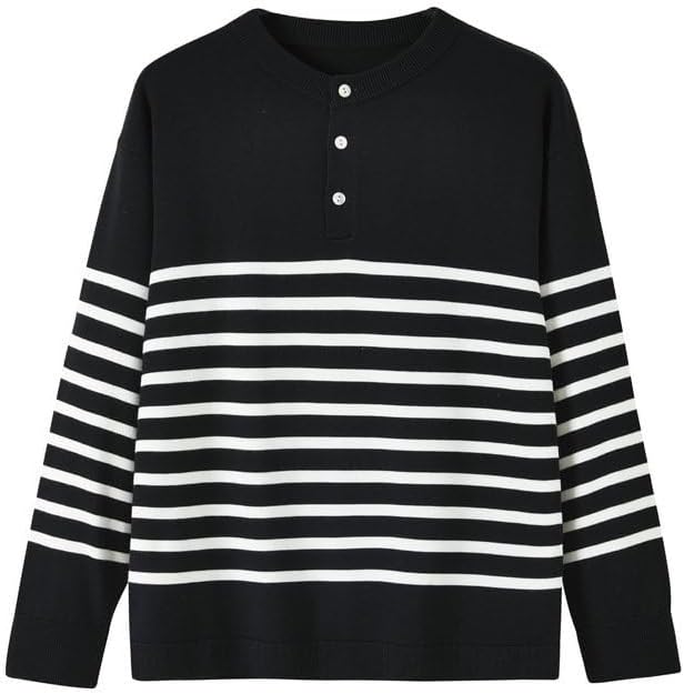 Round Neck Button Contrasting Striped Knitted Sweater Pullover Casual