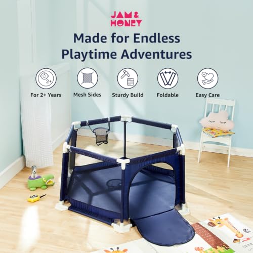 Image of Amazon Brand - Jam & Honey Kids Playpen for Babies & Toddlers | Foldable Baby Ball Pool with Zipper Door & Basketball Hoop | Sturdy Portable Play Area for Kids (Blue, Octagonal)