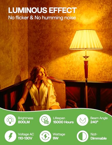 Image of Amber Light Bulbs for Sleep 2 Pack:9W 1800K, 60W Equivalent, E26