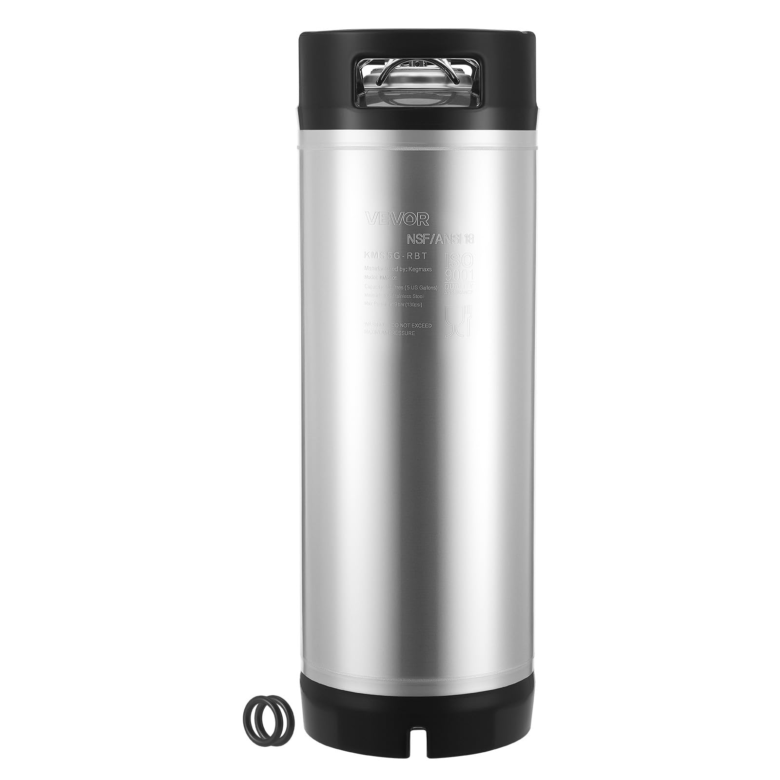VEVOR Barril de Cerveza de 19 L, con Cierre de Bola, Barril de Acero Inoxidable SUS304, para Cerveza Fría con Asas Dobles y Fondo de Goma, 215 x 215 x 630 mm, Ideal para Bar en Casa, 1 Pieza