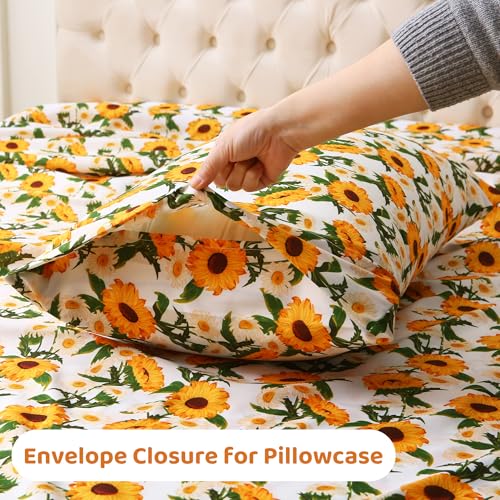 Image of Mooreeke Cozy Vintage Microfiber Printed Floral Full Sheet Set - Soft & Breathable Yellow Sunflower Bed Sheets with Extra Deep Pocket - Non-Slip Fitted Design - Sunflower Pattern - Full