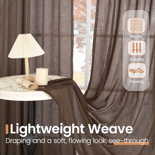 Image of BGment Brown Linen Kitchen Curtains 40 Inch Length, Small Semi Sheer Drapes Textured for Cafe Window Over Sink Bathroom Decor Lightweight Rod Pocket, 2 Panels Set, Each 30 Inch Wide