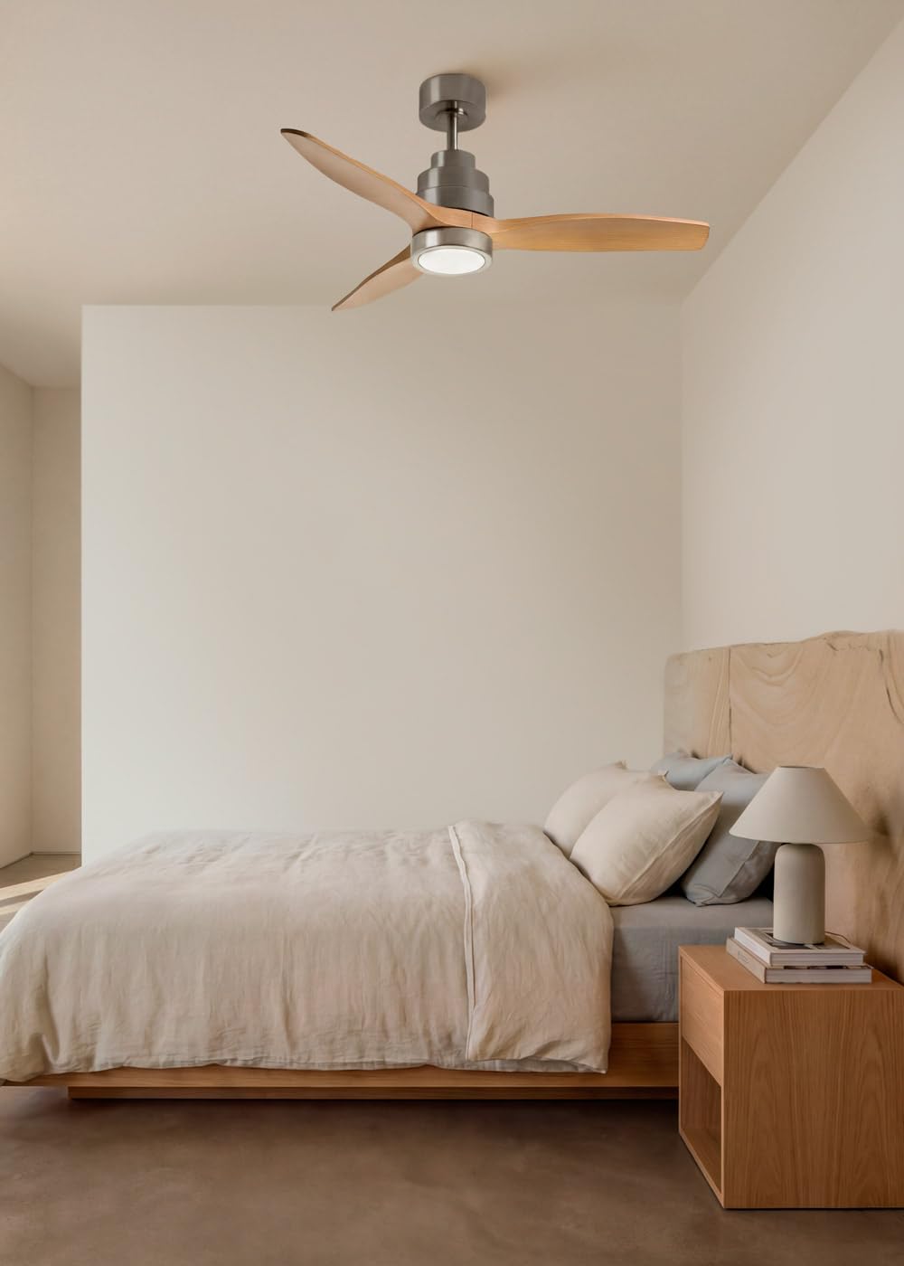 CREATE / WINDSTYLANCE S/Ventilador de techo ABS con luz níquel aspas efecto madera clara con Wifi y mando / 40W, Temporizador, Ø112 cm, 6 velocidades, temporizador, verano-invierno, doble altura
