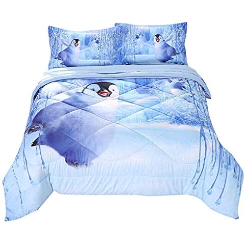 Wowelife 3D Penguin Comforter Set Queen Penguin Playing in Snow Penguin Comforter Sets Bed Set 5 Piece with Comforter, Flat sheet, Fitted Sheet and 2 Pillow Cases for Teens Adult(White Penguin, Queen) Cover