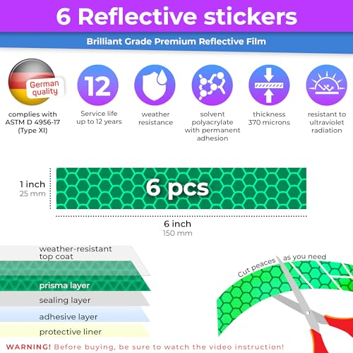 Image of LOOM Reflective Stickers for Helmet | 6pcs Brilliant Green | Similar to 3M Reflective Tape | Bike Reflectors for Night Riding, Mailbox reflectors | Waterproof hi vis Decals for Car, Trailer