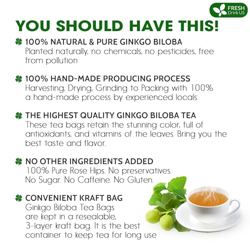 Image of FreshDrinkUS, Premium 75 Ginkgo Biloba Leaf Tea Bags, 100% Natural & Pure from Ginkgo Biloba Leaves. Loose Leaf Herbal Tea. Made with Eco-Conscious Tea Bags. No Sugar, No Caffeine, No Gluten, Vegan.