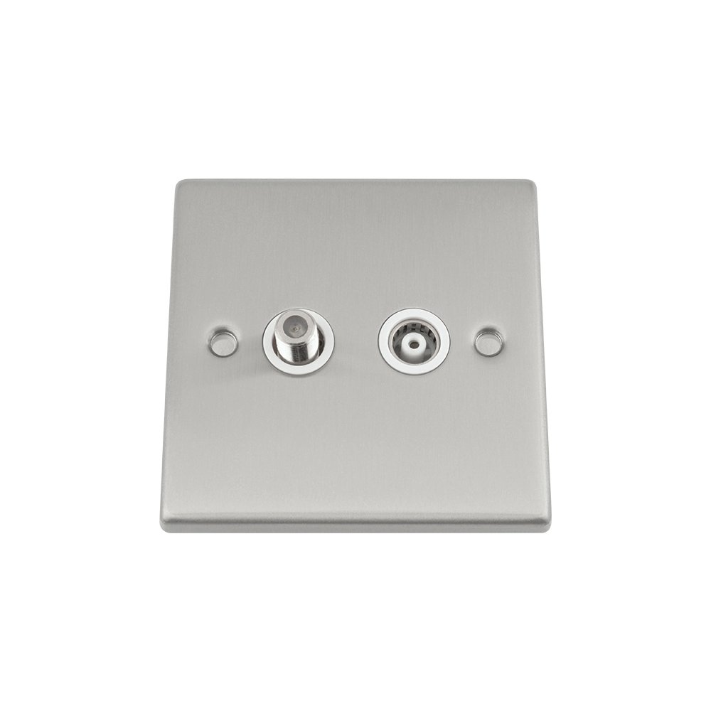 TV Aerial + Sky Satellite Wall Socket - Satin Matt Chrome Square - White Insert-image-11