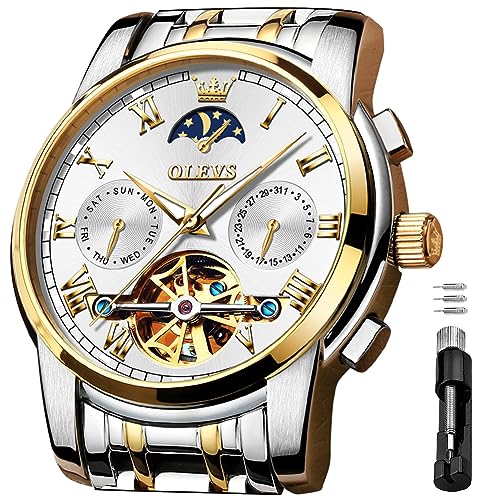 Image of OLEVS Self Winding Watches for Men Automatic Mechanical Skeleton Luxury Dress Waterproof Moon Phase Tourbillon Chronograph Stainless Steel Luminous Wristwatch