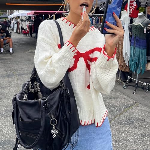 WZTYYDS Women Y2K Bow Knit Fall Winter Sweater Crew Neck Long Sleeve Knitted Pullover Oversized Knitwear (C-White, S) by WZTYYDS - Used condition - Image 5