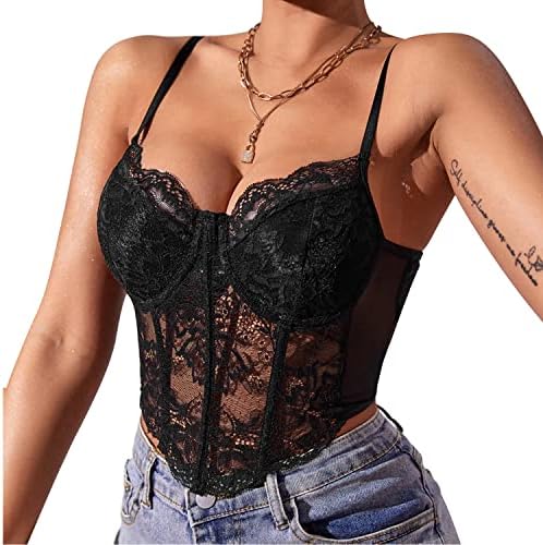 TAMEYA Summer Lace Corset Tops for Women, Sexy Spaghetti Strap Mesh Bustier Going Out Fish Boned Crop Tops (Black,L)