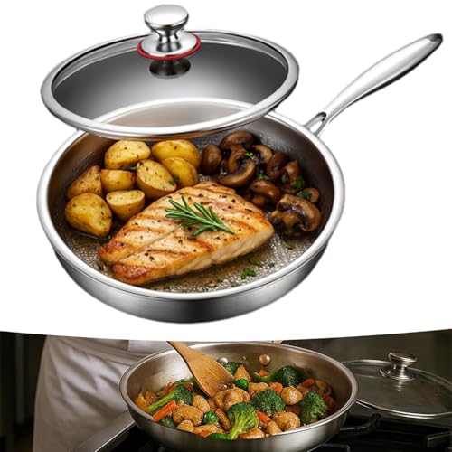 LUYJWZN Plateful - Sartén de titanio puro con tapa, sartén de titanio puro para cocinar, multifuncional, ultradurabilidad, antiadherente, apta para lavavajillas, apta para cualquier cocina (26 cm)
