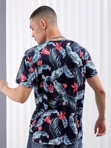 Image of The Indian Garage Co Men Slim Fit Tropical Print Round Neck Tshirt