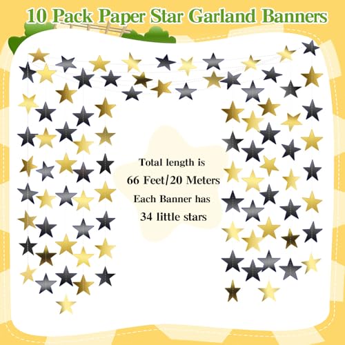 Image of Star Garland, Black Gold Star Garland Banner, 5PCS 66 Feet Double Side Star Hanging Bunting Banner Backdrop Little Star Paper Hanging Decor for Birthday Baby Shower Christmas Party Decorations