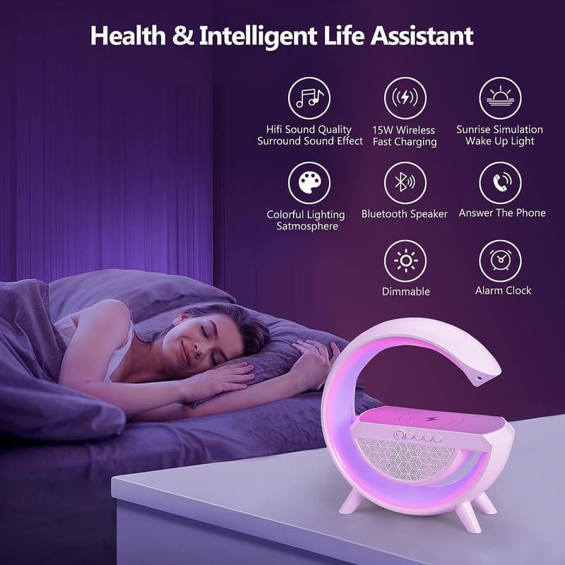 Image of G-Shape LED Lamp with Bluetooth Speaker & Wireless Charging - 3-in-1 RGB Night Light with Touch Control, Alarm Clock, and Fast Phone Charging for Bedroom, Office, or Gifts