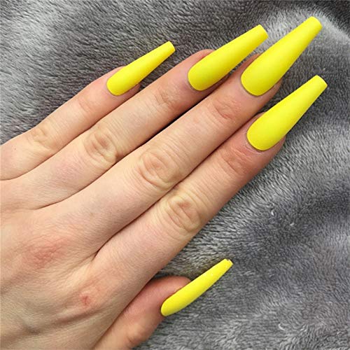 editTime Super Long Fake Nails Coffin Glossy or Matte Press on Ballerina Acrylic Extra Long False Nails Tips 20 pcs Full Cover (Matte, yellow)