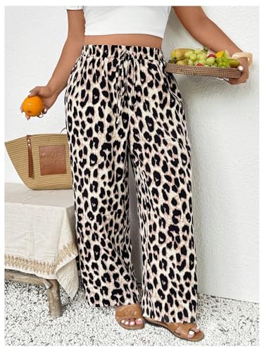Floerns Women's Plus Size Cheetah Straight Leg Pants Drawstring Waist Y2k Long Trousers2
