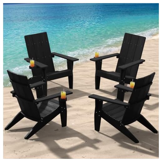MXIMU Modern Adirondack Chairs Set of 4 Weather Resistant with Cup Holder Oversize Plastic Fire Pit Chairs Plastic Outdoor Chairs for Firepit Area Seating (Black)