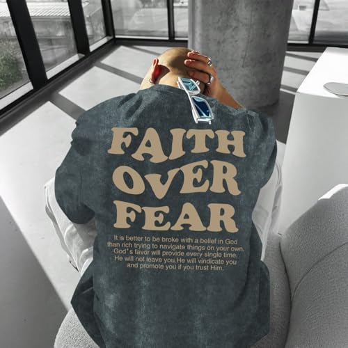 Image of Christian Shirts for Men Faith Over Fear Oversized Shirt Acid Wash Tshirt Graphic Religious T Shirt Bible Verse Tees