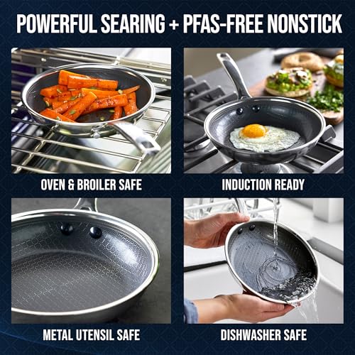 Image of Blue Diamond Hybrid Nonstick Stainless Steel 8 inch Frying Pan, PFAS-Free Ceramic Skillet, Diamond Bond Powerful Searing, Egg & Omelet Pan, Dishwasher Safe, Stay-Cool Handle, Induction Ready, All Cooktops