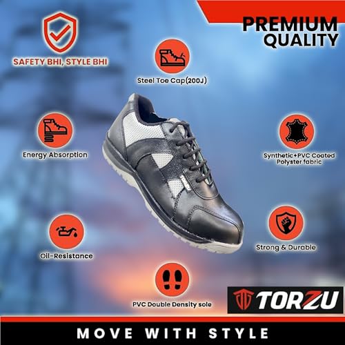 Image of Safety Shoes, Black Leather with Perforated Design, Anti-Slip Work Footwear