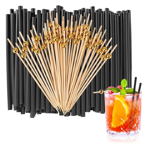 [300 Pcs] Cocktail Straws and Picks Kit - 5 Inch Black Disposable Plastic Straws and 4.7 Gold Cocktail Toothpicks for Drinks Fruit Skewer and Drinking Straw for Bar Cafe Club Restaurant Party