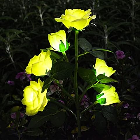 Yellow Outdoor Solar Garden Stake Lights, with 6 Lighted Flower Heads Solar Decoration Garden Rose Stakes Lights for Memorial Garden Pet Wife Mom Decoration Grave Flowers for Cemetery Cover