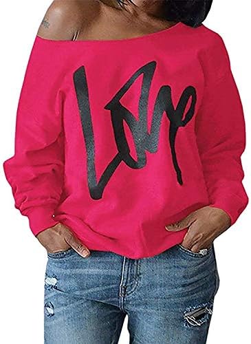 Yanekop Womens Oversized Sweatshirt Love Letter Printed Off Shoulder Sweatshirt Loose Slouchy Pullover Tops(Rose Red,M)