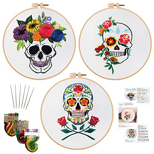Image of Nuberlic 3 Pack Halloween Skull Embroidery Kit for Adults Beginner Cross Stitch Kits for Starters with Skull Patterns Include 3 Hoop Cloth Thread Needles and Instructions