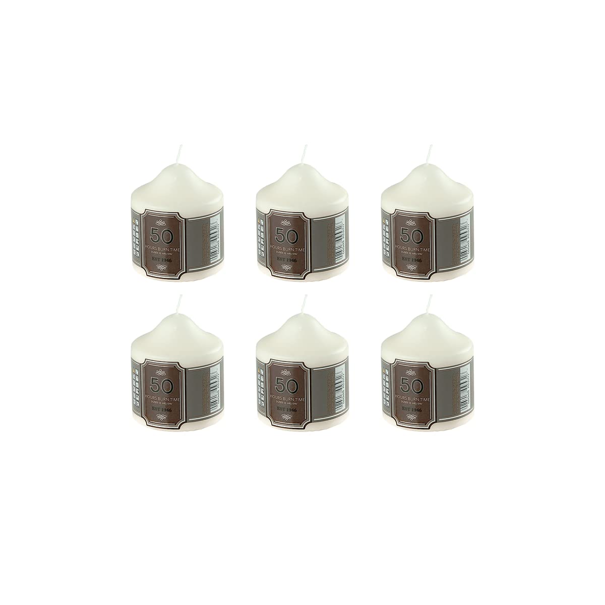Pillar Candles Pack of 6 Long Burning Large Candle 7cm x 7.5cm with 50 Hours Burn Time - Dripless, Smokeless, Unscented Church Candles - Ideal for Weddings, Spa and Parties