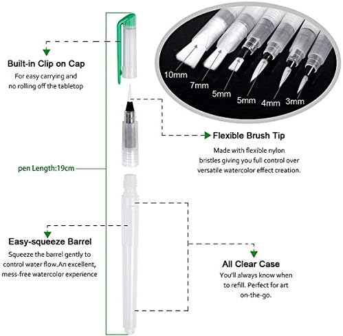 Water Brush Pens Aqua Pen Brushes Refillable Aquash Paintbrush with Water Reservoir Watercolour Paints Water Soluble Pencils Aqua Flow Markers Wash Painting Blending (6 Assorted Tips Set - 1 Set)