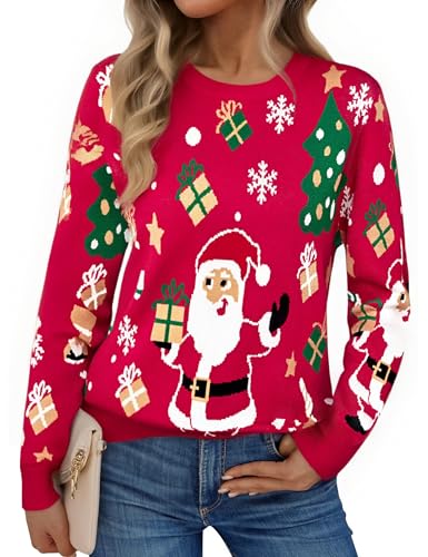 Aseniza Weihnachtspullover Damen Christmas Pullover Sweater mit Ugly Strickpulli Langarm Weihnachten Rundhalsausschnitt Jumper Strickpullover Winter Rot, L