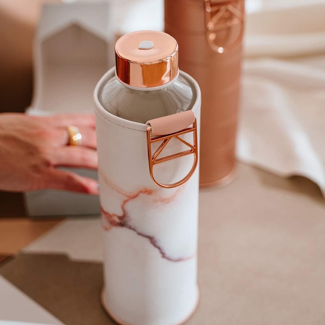 EQUA MM Fake LA Glass Water Bottle with Faux Leather Sleeve 750ml Leak Proof and BPA Free 100% Borosilicate Glass Lava