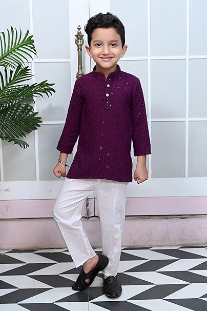 Image of Kid's Embroidery Printed Rayon Kurta-Pajama Set 3 /4 Sleeve V Neck Traditional Ethnic Wear for Boys