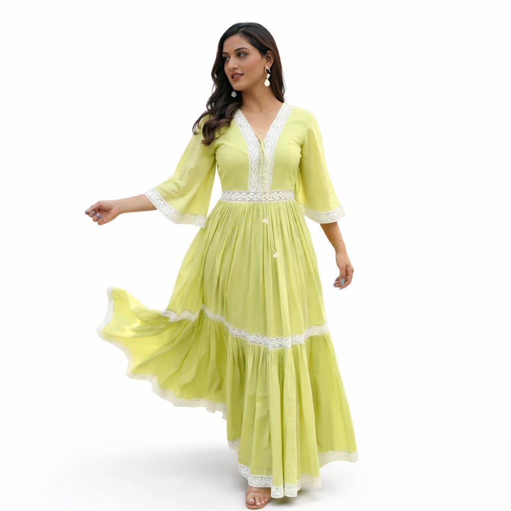 Green White Lace Dress, V-Neck Maxi Dress with Bell Sleeves, Flowy Tiered Design-image-23
