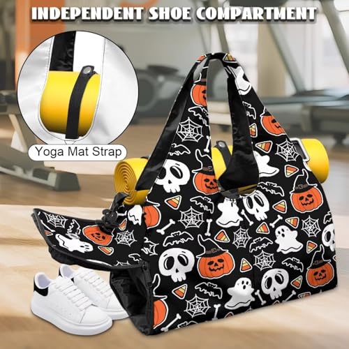 Halloween Gym Bag Men with Yoga Mat Holder, Shoe Compartments, Skull Mens Duffle Bag Double Zipper Lightweight Breathable Carry On Duffel Bag for Travel Work Gym4