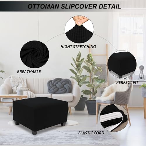 Image of NeColorLife Stretch Ottoman Cover Square Oversized Soft Knitted Jacquard Thick Covers for Large Square Ottoman Storage Stool Furniture Protector Black X-Large